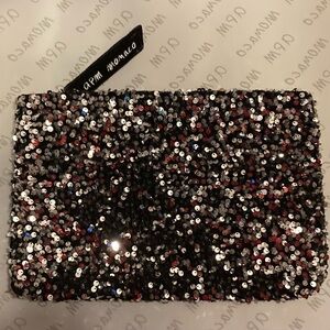 👝 APM Monaco Thick Velvet Black Sequin Zipper Travel Toiletry Makeup Pouch Bag